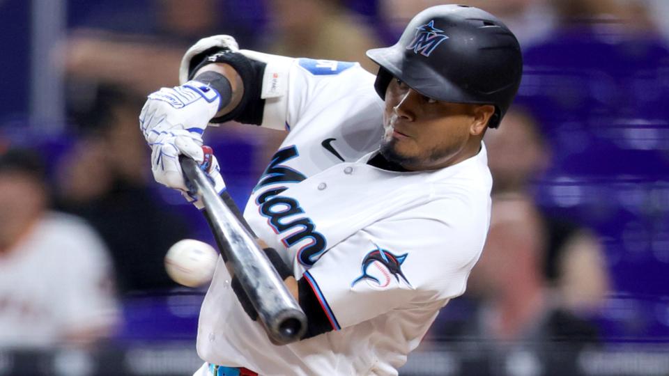 Luis Arraez of the Marlins hits the ball.